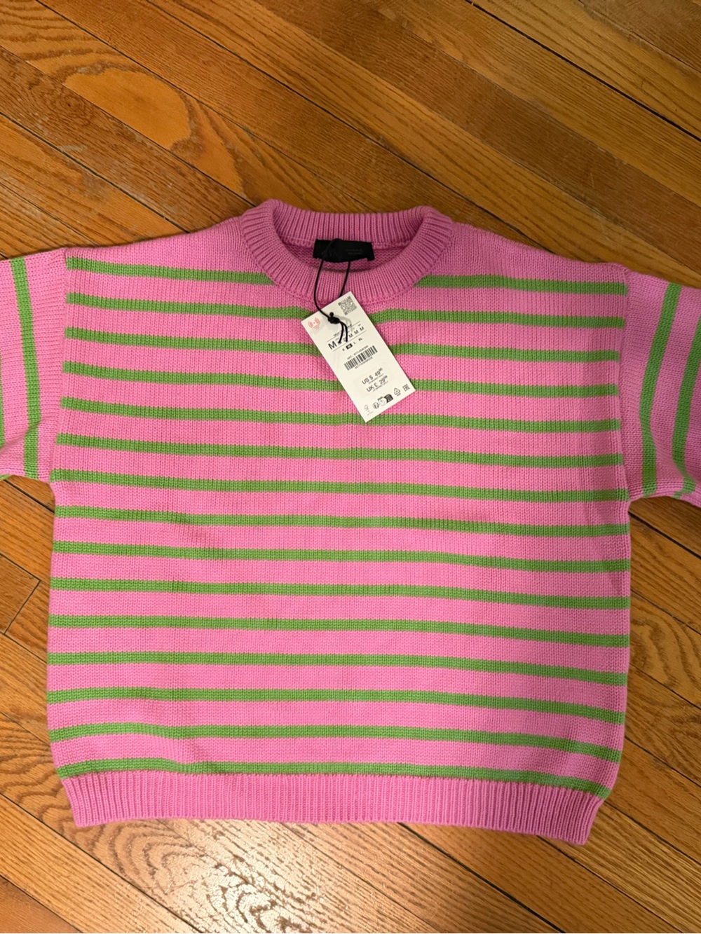 Zara Pink and Green Striped Crewneck Sweater